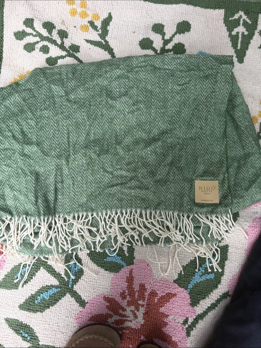 Nido Home Green Herringbone Throw with Fringe